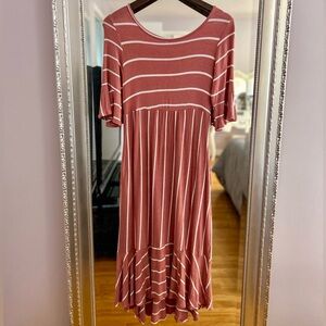 [SOLD] PinkBlush Mauve Striped Ruffle Trim Dress